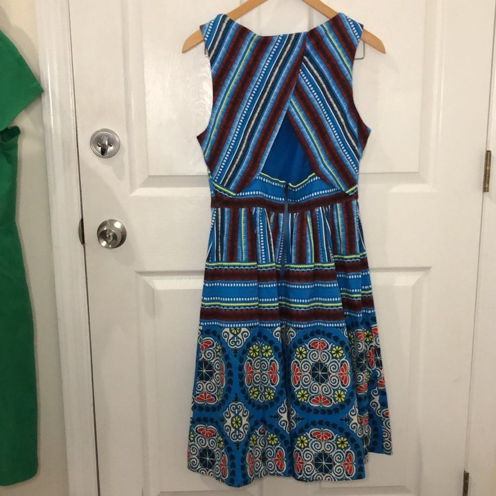 Plenty by Tracy Reese blue and brown fit and flare dress tribal printed size 8